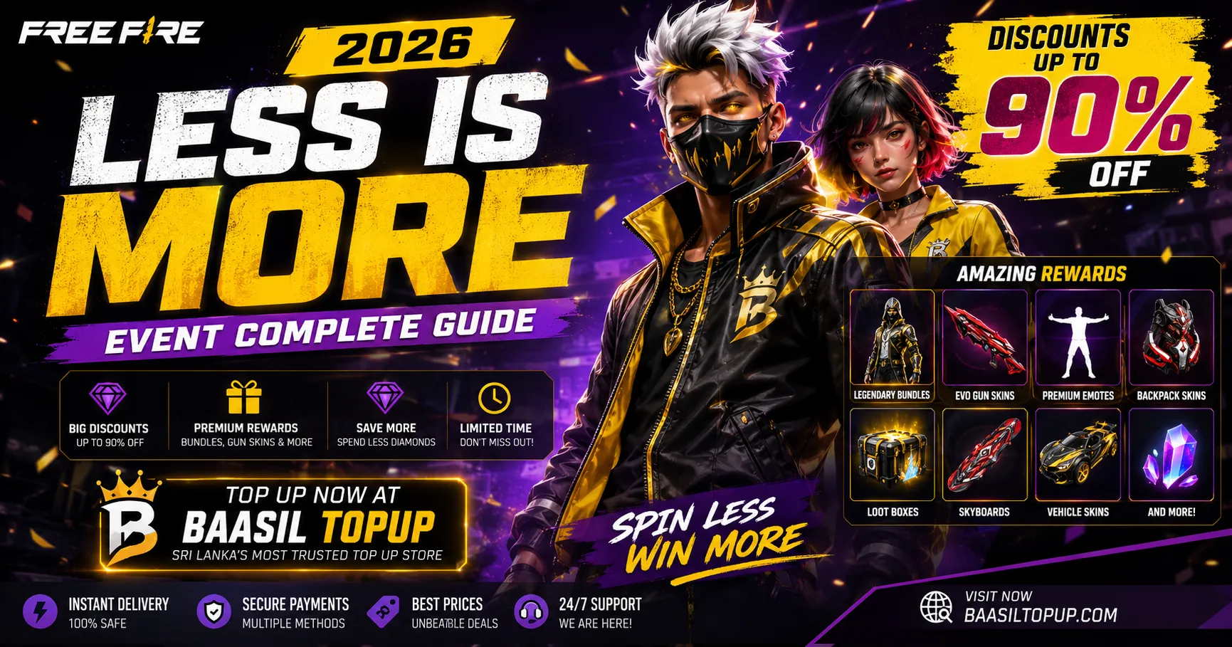 Free Fire Less Is More Event 2026 Banner by Baasil Topup